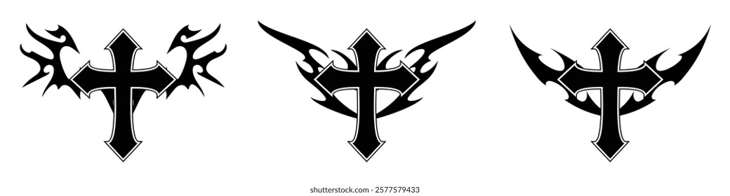 Christ cross with Neo tribal y2k gothic style tattoo Cyber sigilism spikes and sparks for streetwear print designs, spiky y2k aesthetic vector set