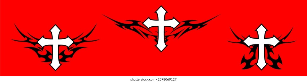 Christ cross with Neo tribal y2k gothic style tattoo Cyber sigilism spikes and sparks for streetwear print designs, spiky y2k aesthetic vector set