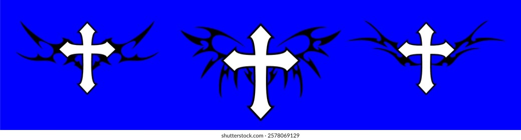 Christ cross with Neo tribal y2k gothic style tattoo Cyber sigilism spikes and sparks for streetwear print designs, spiky y2k aesthetic vector set