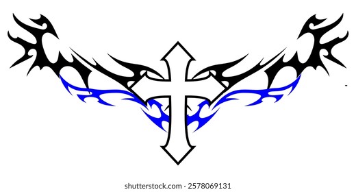 Christ cross with Neo tribal y2k gothic style tattoo Cyber sigilism spikes and sparks for streetwear print designs, spiky y2k aesthetic vector set