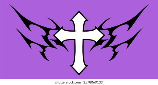 Christ cross with Neo tribal y2k gothic style tattoo Cyber sigilism spikes and sparks for streetwear print designs, spiky y2k aesthetic vector set