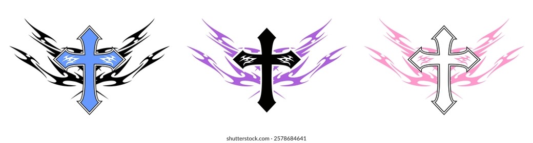 Christ cross with Neo tribal y2k gothic style tattoo Cyber sigilism spikes and sparks for streetwear print designs, spiky y2k aesthetic vector set