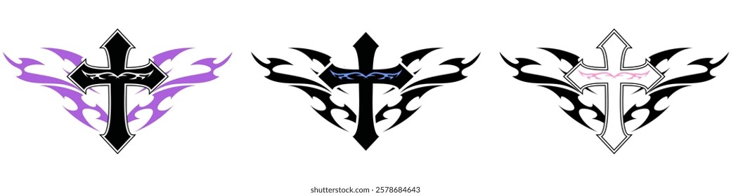 Christ cross with Neo tribal y2k gothic style tattoo Cyber sigilism spikes and sparks for streetwear print designs, spiky y2k aesthetic vector set