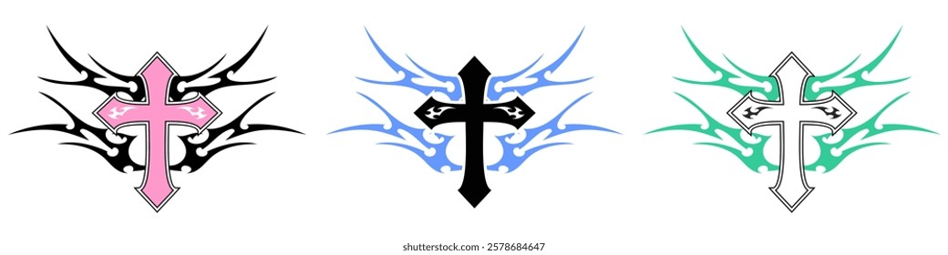 Christ cross with Neo tribal y2k gothic style tattoo Cyber sigilism spikes and sparks for streetwear print designs, spiky y2k aesthetic vector set