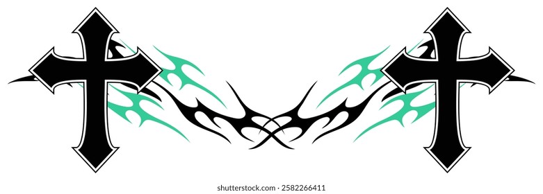 Christ cross with Neo tribal y2k gothic style tattoo Cyber sigilism spikes and sparks for streetwear print designs, spiky y2k aesthetic vector set