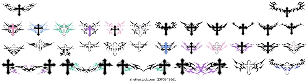 Christ cross with Neo tribal y2k gothic style tattoo Cyber sigilism spikes and sparks for streetwear print designs, spiky y2k aesthetic vector set