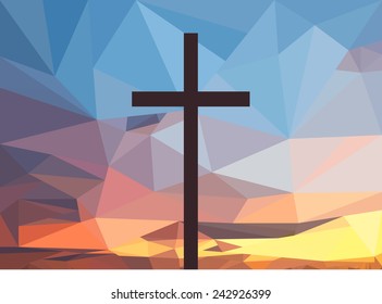 Christ cross on polygonal  sunset background.