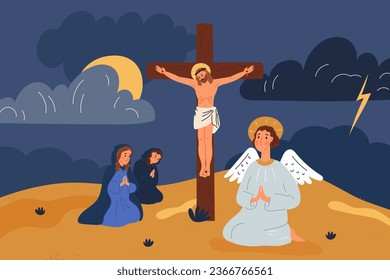 Christ crucifixion. Golgotha top with Jesus dying on Cross. Praying angel. Crying women. New testament scene. Religious history characters. Christian religion. Garish