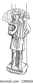 Christ the Good Shepherd is the oldest known statue of Christ vintage line drawing or engraving illustration.