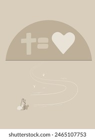 Christ and heart atmospheric concept in flat cartoon design. This simple metaphorical image, executed in a modern style, symbolizes that Christianity is love. Vector illustration.