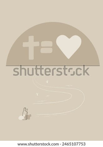 Christ and heart atmospheric concept in flat cartoon design. This simple metaphorical image, executed in a modern style, symbolizes that Christianity is love. Vector illustration.