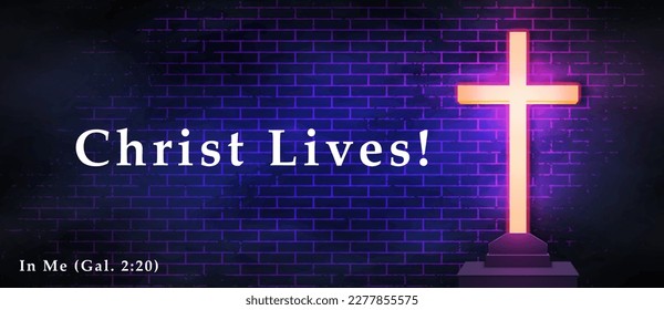 Christ Lives in Me banner. Cyberpunk background with a glowing Christian shrine.