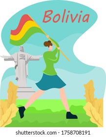 Concepto de vector Cristo de la paz: mujer ondeando la bandera nacional de Bolivia cerca de la estatua del Cristo de la Paz