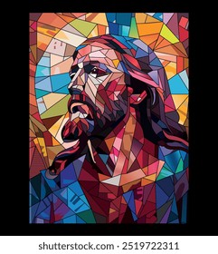 Arte vectorial de retrato de Cristo con contorno negro. Cristianismo Colorido y creativo arte de la pieza maestra. Ilustración del Santo Jesús. Arte de forma triangular. Celebración de la creencia católica. Imprimir archivo listo