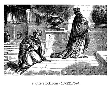Christus predigt und Geste in Richtung Lilien zu seinen Füßen. Er ist von einer Gruppe von Anhängern umgeben. Alle Menschen hören aufmerksam zu, zeichnen sich durch Vintage-Linien oder gravieren Illustrationen.