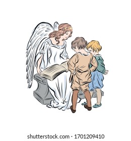 Christ reads bible with children. Angel holds an open book. Biblical heavenly symbol of man with wings. Decor for greeting retro cards for Christmas, Easter and other religious holidays. 
