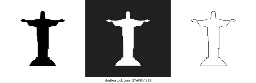 Christ the Redeemer icon set. Black silhouette of Christ the Redeemer statue. Vector illustration.