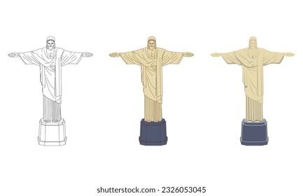 Ilustración de la estatua de Cristo Redentor, aislado en fondo blanco, famoso monumento mundial. El símbolo de Río de Janeiro y Brasil. Ilustración vectorial de viajes, línea y estilo plano.