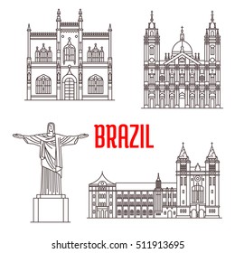 Christ the Redeemer statue, Portuguese Royal Public Library, Sao Bento Monastery, Candelaria Church. Architecture travel landmarks of Rio De Janeiro in Brazil. Tourist sightseeing vector icons