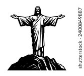 Christ the Redeemer statue in Rio de Janeiro Brazil. Vector black and white illustration