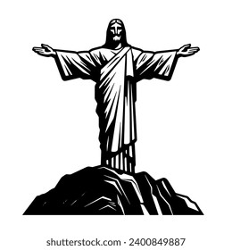 Christ the Redeemer statue in Rio de Janeiro Brazil. Vector black and white illustration