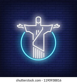 Christ the reedemer neon sign. Luminous signboard with statue. Night bright advertisement. Vector illustration in neon style for Rio de Janeiro vacation, tourism, religion