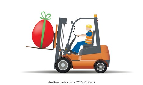 Christ is risen. A forklift driver is carrying an Easter egg tied with a ribbon for the holiday. Vector illustration.