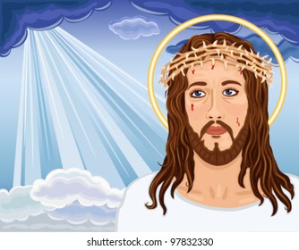 Christ is Risen - portrait of Jesus Christ bringing salvation to humanity. Vector illustration saved as EPS AI8, all elements layered, no effects, easy edit and print.