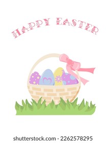 Christ is risen. A set of colorful eggs in pastel colors in a basket with a bow. Vector illustration for postcard or invitation, congratulations and print