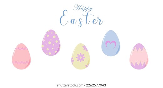 Christ is risen. Set of multi-colored eggs in pastel colors and the inscription Happy Easter. Vector illustration