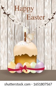 Christ is risen. Vector background for Easter on a wooden fence background. Easter eggs and rabbit ears and Easter cake. Festive decoration. - vector