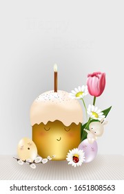 Christ is risen. Vector easter background. Easter eggs and rabbit ears and Easter cake. Festive decoration with spring flowers. - vector