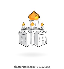 Christ the Savior Cathedral, Kremlin view from above, icons historic church building in Moscow , vector