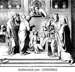 Christ in the Temple is a painting by Johann Overbeck, vintage engraving.