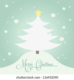 Christamas tree. Vector illustration for retro christmas card. Snow landscape background, vintage design