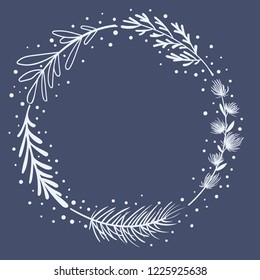 Christas Round Floral Wreath for invitation, celebration, greeting card, banner, poster. Frame for wedding, festival, holiday. Decor Element with leaf, branch and fir. Vector iisolated llustration