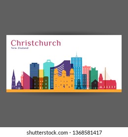 Christchurch City Architecture Silhouette. Colorful Skyline. City Flat Design. Vector Business Card.