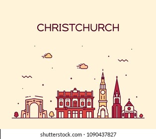 Christchurch city skyline, New Zealand. Trendy vector illustration, linear style