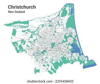 Christchurch map. Detailed map of Christchurch city administrative area. Cityscape panorama. Royalty free vector illustration. Outline map with highways, streets, rivers. Tourist decorative street map