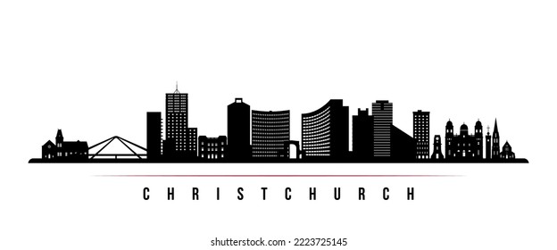 Christchurch skyline horizontal banner. Black and white silhouette of Christchurch, New Zealand. Vector template for your design. 