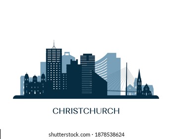 Christchurch skyline, monochrome silhouette. Vector illustration.