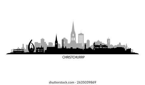 Christchurch Skyline with New Zealand City Silhouette.