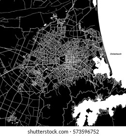 Christchurch Vector Map, Artprint. Black Landmass, White Water and Roads.