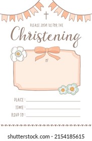 Christening, Baptism Invite - Invitation Template with Cross and Flowers, ribbon, decorative text box, 