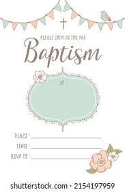 Christening, Baptism Invite - Invitation Template with Cross and Flowers, ribbon, decorative text box, 