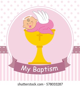 Christening card. Baby sleeping on top of a calyx