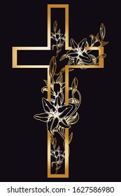 christening cross with gold lily on black background