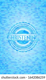 Christening light blue emblem with mosaic background