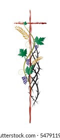 Christian Abstract Religious Illustration, With A Cross And Thorns For Lent, Eucharist Symbols Of Vine, Grapes And Wheat Ears 