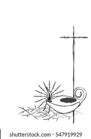 Christian abstract religious illustration frame for lent, with a cross and palm branch, thorns, for Lent or all souls, christian deceased, and oil vigil lamp.